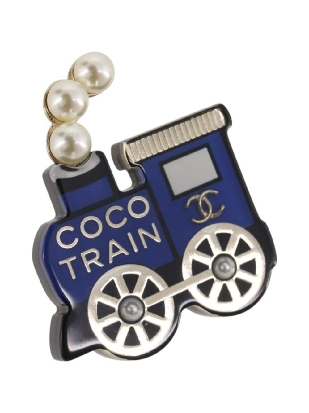 CHANEL Coco Train Brooch Metal Blue Gold Tone CC
